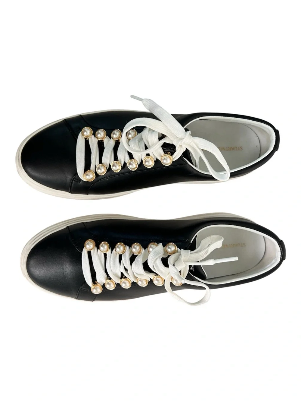 Stuart Weitzman Excelsa Black Embellished Lace Up Leather Sneakers Women's 8.5B